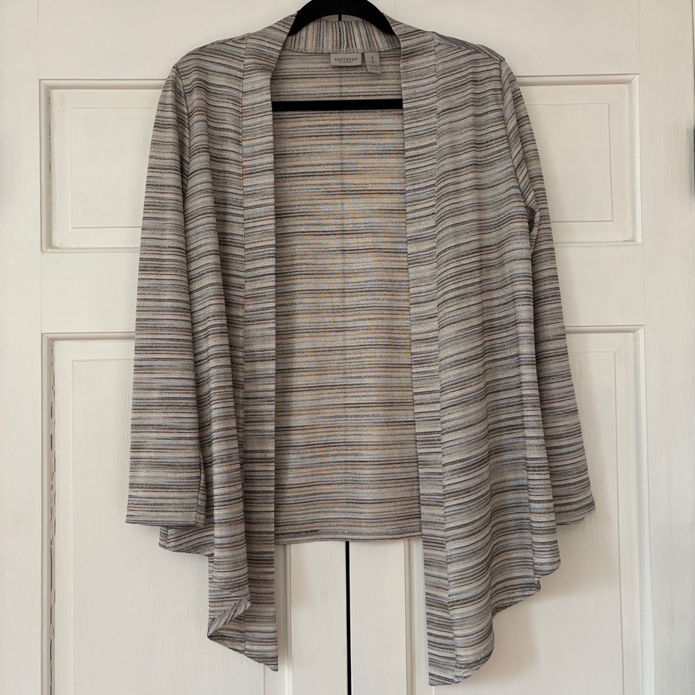 Chico's Size 1 Metallic Striped Open-Front Waterfall Cardigan Chicos Medium
